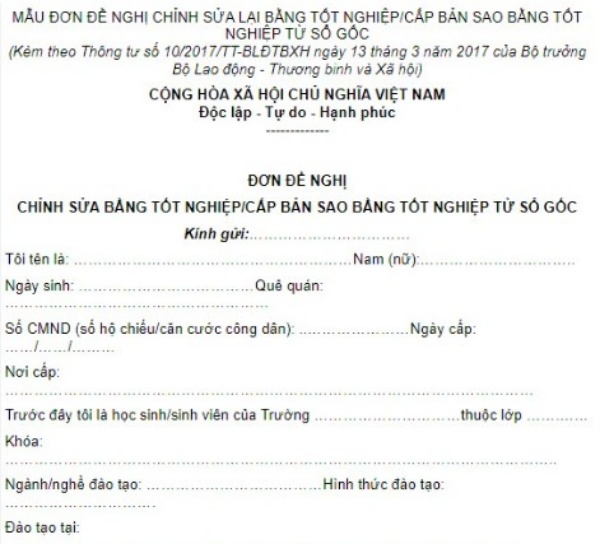 đơn đề nghị sửa thông tin trên bằng